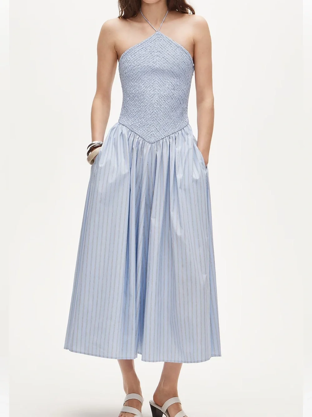 Jcrew smocked midi dress light blue cotton striped j.crew new NWT halter